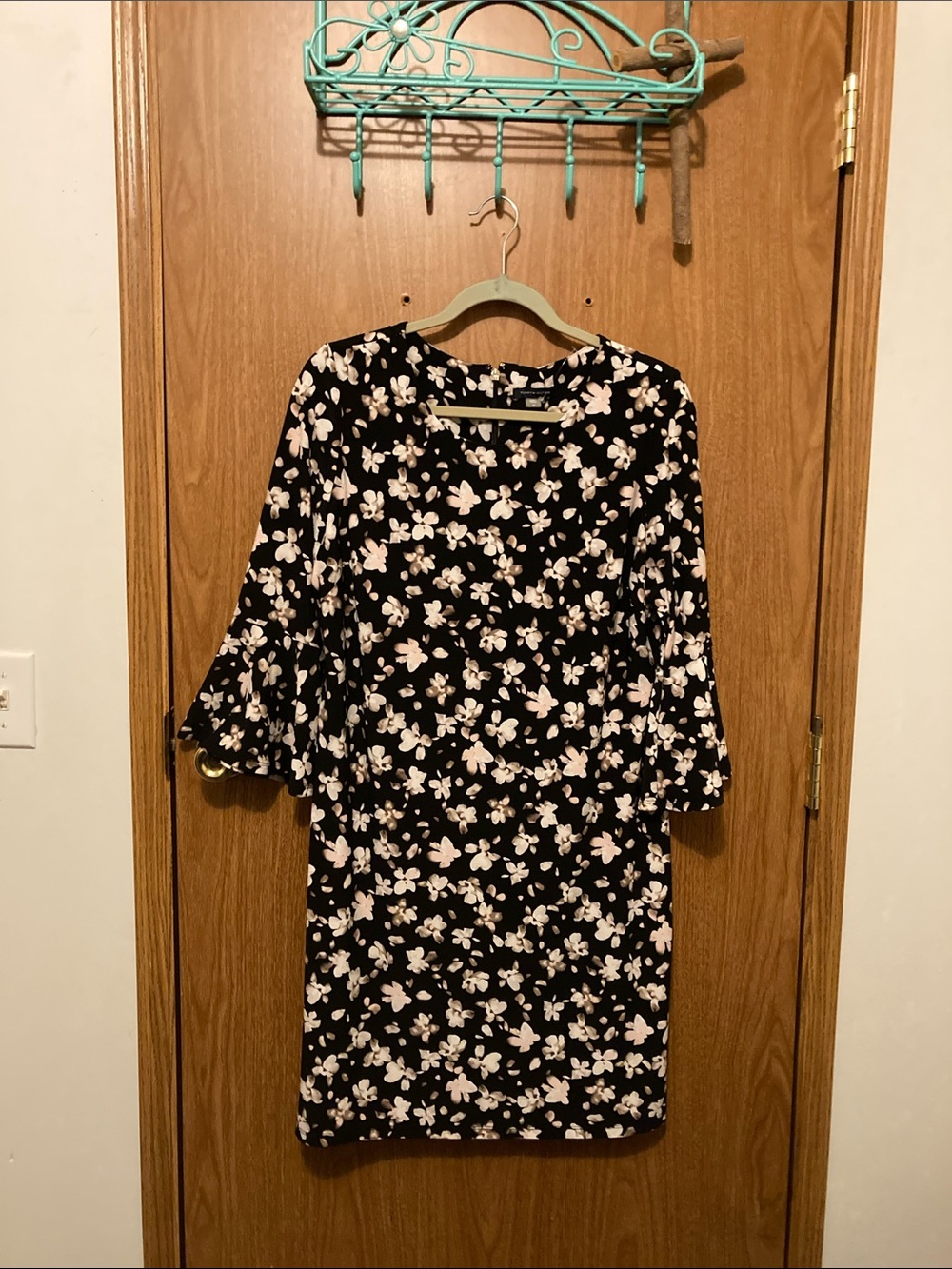 Tommy Hilfiger Black Floral Midi Dress with Bell Sleeves